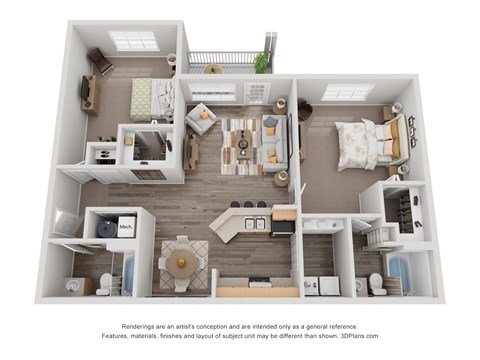 Floor plan for 2 beds, 2 baths, 1111 sqft